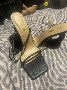 Fashion Nova Black Strappy Square-Toe Heels